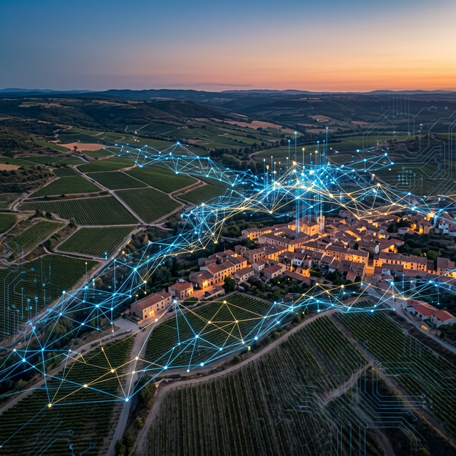 Inteligencia Artificial en Vilafranca del Penedès: redes neurales sobre viñedos y la ciudad al atardecer