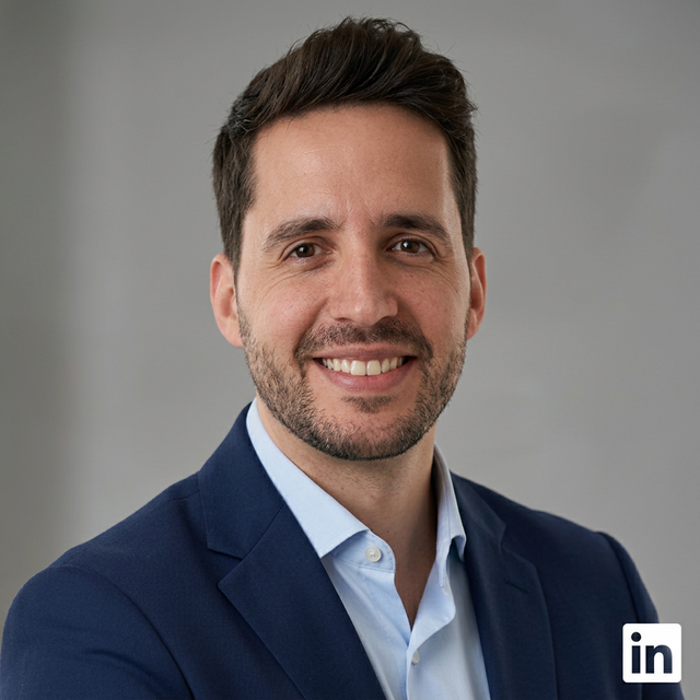 Ejemplo de foto de perfil LinkedIn generada con nanobanana: profesional hispano en traje oscuro, fondo gris neutro, logo LinkedIn visible