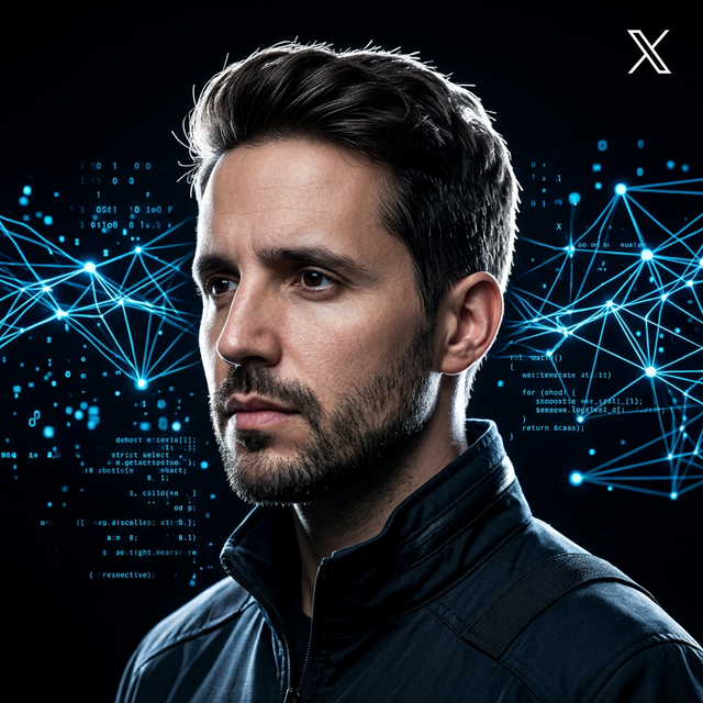 Ejemplo de foto X/Twitter generada con nanobanana: profesional en perfil con fondo negro, partículas de código en azul eléctrico, logo X visible