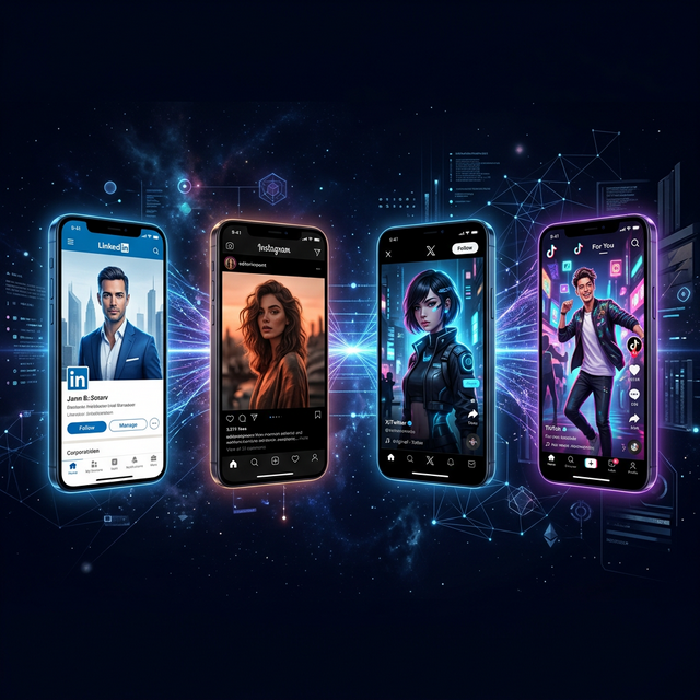 Cuatro teléfonos mostrando perfiles de LinkedIn, Instagram, X/Twitter y TikTok con imágenes generadas por IA con nanobanana