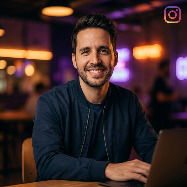 Ejemplo de foto Instagram generada con nanobanana: profesional en co-working con luces neón de colores, estética editorial oscura